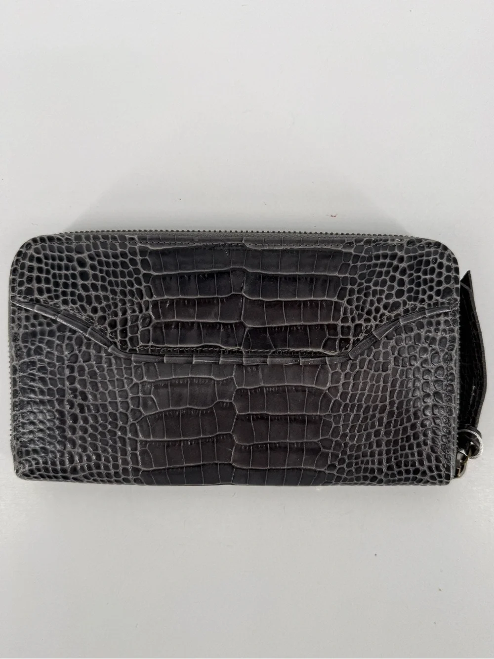 Longchamp Black Croc-Embossed Zip-Around Wallet with Stud Detail